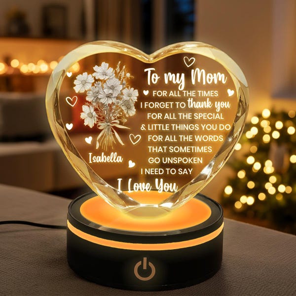 Heart Crystal Keepsake with LED Base – Gifts for Mom from Daughter or Son, Engraved Mother Quote, Birthday Gift, Mother’s Day,Christmas Gift