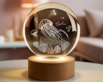 Custom Jellyfish Night Lamp, Cute Room Decor, Whale Ball Night Light, 3d Engraved Crystal Novelty Decor Glass Globe Light, Sphere Desk Lamp