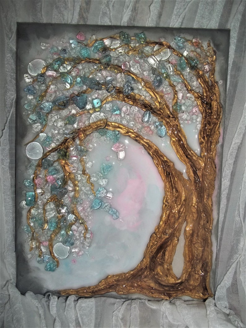 Gold glass tree, crushed glass, Resin artwork,