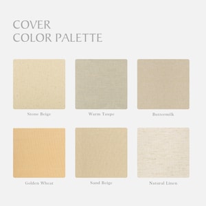 May include: A colour palette labelled "COVER COLOUR PALETTE" shows six fabric swatches in beige tones: Stone Beige, Warm Taupe, Buttermilk, Golden Wheat, Sand Beige, and Natural Linen. The square swatches are arranged in two rows.