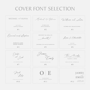 May include: A selection of wedding invitation cover font styles. Each sample features names, dates, and locations in various elegant fonts. The text "COVER FONT SELECTION" is at the top. The samples are arranged in a grid.