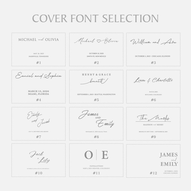 May include: A selection of wedding invitation cover font styles. Each sample features names, dates, and locations in various elegant fonts. The text "COVER FONT SELECTION" is at the top. The samples are arranged in a grid.