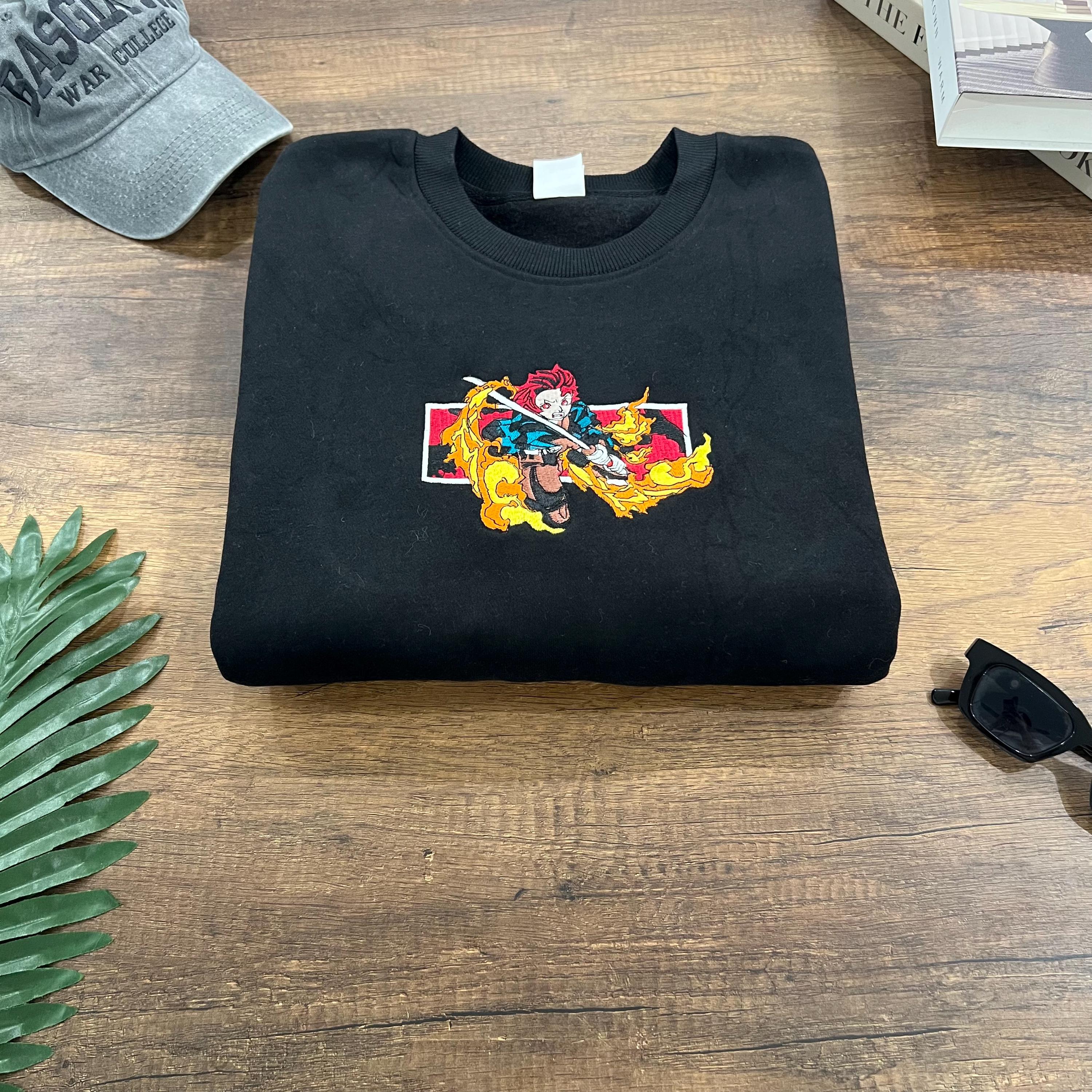 Tanjiro Embroidered Anime Shirt, Flame Sword Hoodie, Black Demon Slayer Sweatshirt, Cool Otaku Gift for Friends and Manga Fans EKNYA200