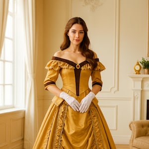 Belle Cosplay Dress for Women, Gold Rococo Ballgown With Ruffles, Vintage Princess Costume for Party, Fairytale Court Gown
