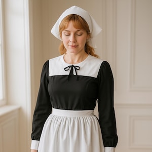 Colonial Maid Costume, Historic Black White Apron Dress for Cosplay, Pilgrim Roleplay, Halloween or Theater Performance