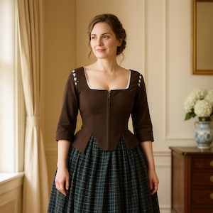Rustic Colonial Costume Dress – 18th Century Tartan Gown for Women – Reenactment, Cosplay, Theater & Period Roleplay Outfit
