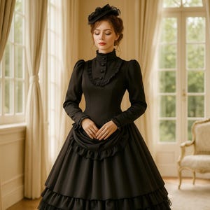 Victorian Black Gown for Women, Gothic Mourning Dress, Halloween Costume, Theater Reenactment Outfit, Historical Cosplay Wear