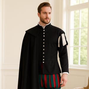 Renaissance Nobleman Costume for Men with Black Cape and Slashed Hose – Perfect for Ren Faire, Theater, Cosplay and Reenactment