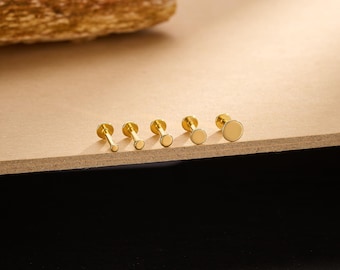 925 Sterling Silver Disc Stud Earrings | Minimalist Gold Push Back Earrings | 16G & 18G | Lobe, Helix, Tragus, or Conch Piercings