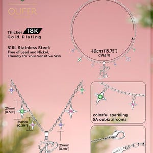 May include: A silver necklace with a pendant and star-shaped charms. The necklace has a 40cm (15.75") chain and a 5cm (1.97") extender. The pendant is 25mm (0.98") long, and the star charms are 25mm (0.59") and 25mm (0.39"). The necklace is made of 316L stainless steel with 18K gold plating.