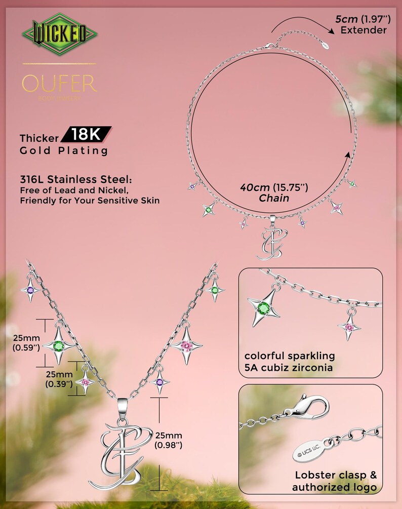 May include: A silver necklace with a pendant and star-shaped charms. The necklace has a 40cm (15.75") chain and a 5cm (1.97") extender. The pendant is 25mm (0.98") long, and the star charms are 25mm (0.59") and 25mm (0.39"). The necklace is made of 316L stainless steel with 18K gold plating.