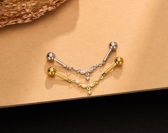 14G 38mm Marquise Industrial Barbell, Dangle Scaffold Piercing Jewelry for Cartilage, Long Straight Bar with Chain Charm, 1PC