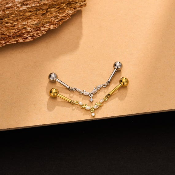 14G 38mm Marquise Industrial Barbell, Dangle Scaffold Piercing Jewelry for Cartilage, Long Straight Bar with Chain Charm, 1PC