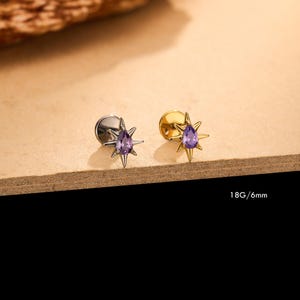Op de afbeelding: Twee oorknopjes met een sterontwerp, elk voorzien van een centrale peervormige paarse edelsteen. De ene oorbel heeft een zilverkleurige afwerking en de andere een goudkleurige. De tekst 18G/6mm is zichtbaar, wat de dikte en lengte aangeeft.
