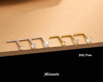 925 Sterling Silber Moissanit Nase Bolzen, 20G zierliche L Form Nasenring, funkelnden Nasenloch Piercing Schmuck