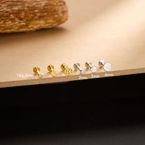 May include: A collection of small, stud earrings in gold and silver tones. The earrings feature various designs, including a small ball, hammered texture, and a clear gemstone. Sizes are indicated as 16g, 6mm, 2mm, 3mm, and 4mm.