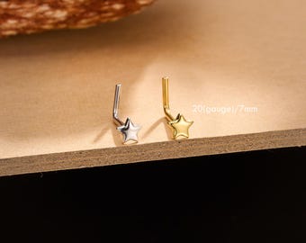 Minimalist Sterling Silver Star Nose Ring – 20G L-Shaped Nose Stud, Gold or Silver, Solid Metal Star Nostril Stud