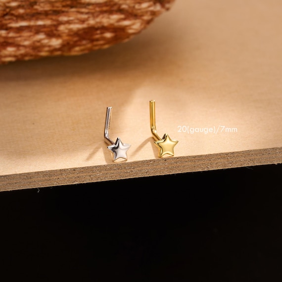 Minimalist Sterling Silver Star Nose Ring – 20G L-Shaped Nose Stud, Gold or Silver, Solid Metal Star Nostril Stud