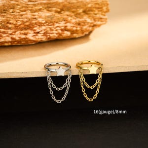 16G ASTM F136 Titanium Star Chain Dangle Clicker Hoop Earrings | Tiny Star Chain Cartilage Hoops for Lobes, Helix, Conch & Tragus