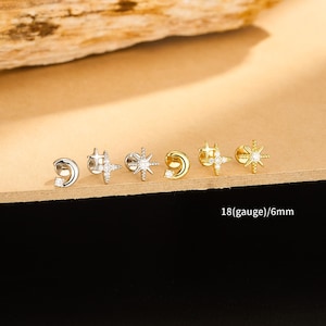 Set of 3 18G Star & Moon Cluster Earrings, Surgical Steel, Flat Studs, Cartilage Lobe Piercing, Gold or Silver, 3pcs