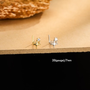 Könnte beinhalten: Zwei sternförmige Nasenstecker, einer goldfarben und einer silberfarben, jeweils mit einem kleinen, klaren Edelstein. Die Stecker werden auf einer braunen Oberfläche präsentiert. Text auf dem Bild: 20(gauge)/7mm.