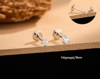 Sterling Silver Labret Stud – 16G 8mm Internally Threaded Flat Back Earring for Cartilage, Conch, Helix, Lobe & Tragus Piercings