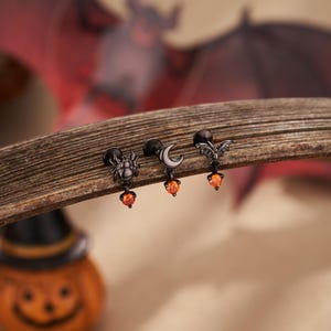 3PCS Halloween Black Stud Set – Spider/Moon/Bat Earrings | 16G 6mm Flat Back Studs for Lobe, Conch, Helix, Cartilage | Spooky Cute Jewelry