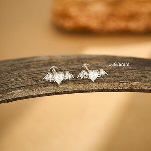 May include: Two silver-colored earrings with a heart-shaped center stone and wing accents. The earrings are displayed on a wooden surface. The text "16G/6mm" is visible.