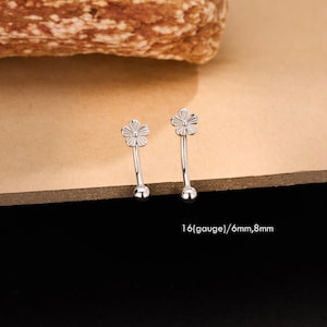 Può includere: Due piercing curvi color argento per sopracciglia. Ogni anello presenta un piccolo motivo floreale nella parte superiore e una sfera nella parte inferiore. Il testo sull'immagine recita: 16(gauge)/6mm,8mm.