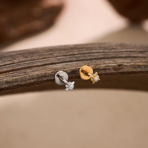 Pode incluir: Dois pequenos brincos em forma de estrela, um prateado e outro dourado, são exibidos numa superfície de madeira. Os brincos têm uma parte traseira plana e um design em forma de estrela com uma pequena gema no centro. O fundo está desfocado.