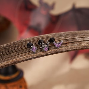 3PCS Halloween Labret Stud Set – Purple Glitter Star, Bat & Spider Earrings | 16G 6mm Flat Back Cartilage Studs | Halloween Gift Earring Set