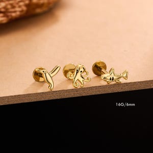 Set van 3 oceaan oorbellen, haai- en octopusoorbellen met kraakbeenpiercing, 16G 6 mm helix-tragus oorbellen met platte achterkant, cadeau voor oorbellen met zeedieren