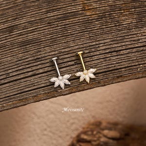 Moissanite Lotus Vertical Helix Stud 16G 6mm | Gold/Silver Threaded Flat Back | Dainty Helix Cartilage Stud Earring Gift | Sterling Silver