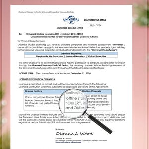 May include: A document from Universal Studios Licensing LLC, labelled "Customs Release Letter", with the text "OUFER - Trusted by millions worldwide." It lists licensed properties and distribution channels for licensed articles.