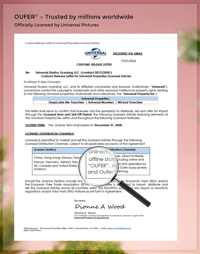 May include: A document from Universal Studios Licensing LLC, labelled "Customs Release Letter", with the text "OUFER - Trusted by millions worldwide." It lists licensed properties and distribution channels for licensed articles.