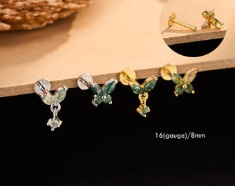 Sterling Silver Moss Agate Earring Stud – 16G 8mm, Gold or Silver, Dainty Dangling/Butterfly Cartilage Stud, Gift