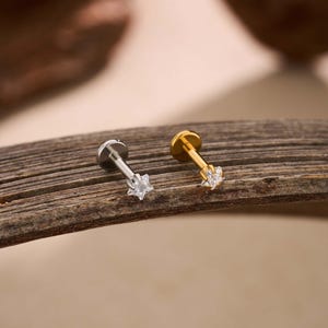 May include: Two small, star-shaped earrings. One is silver-colored, and the other is gold-colored. Both earrings have a small, flat disc on one end and a star-shaped gemstone on the other. They are displayed on a piece of weathered wood.