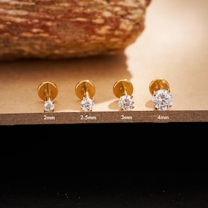 Pair of Gold Zircon Earrings – 16G/18G/20G Implant Grade Titanium Push Pin Studs for Lobe Helix Conch Tragus, Threadless Jewelry, Flat Backs