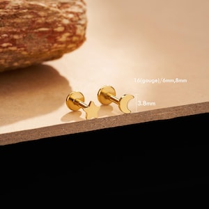 Titan Stern / Mond Ohrstecker - 16G / 18G / 20G fadenlose flache Rückseite - poliertes glänzendes Metall für Conch, Tragus, Helix, Lobe, 1Stk