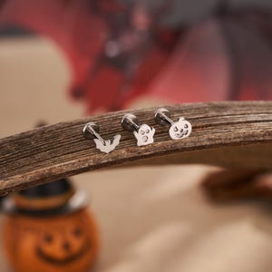 3PCS Titanium Halloween Stud Set – Bat/Ghost/Pumpkin Earrings | 16G 6mm Flat Back Hollow Design Studs for Lobe, Conch, Helix, Cartilage