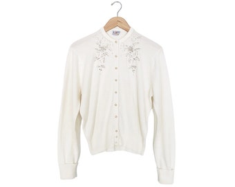 Cárdigan estilo monrose con cuentas de los años 50: punto blanco marfil, botones de perlas, manga larga de los años 60