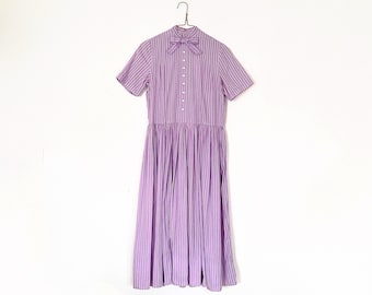 vtg 50s stripe spring dress -  purple white button front - 40s country summer sundress