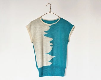 70s abstract knit sweater shirt - vintage sleeveless vest - turquoise and white