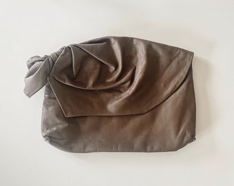 taupe brown leather foldover clutch - pleated knot bow detail handbag