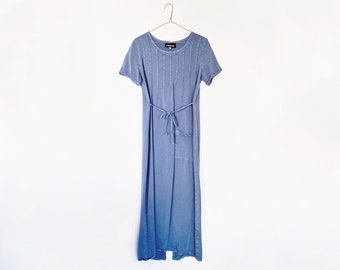 Vestido estilo jersey azul vintage de los años 90 de Frox: largo minimalista, maxivestido de seda y rayón de tencel