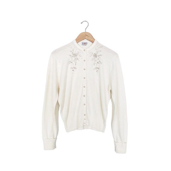 50s beaded monrose sweater cardigan - ivory white… - image 1