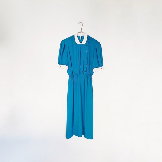 40s 50s turquoise blue vtg house day dress - shir… - image 1