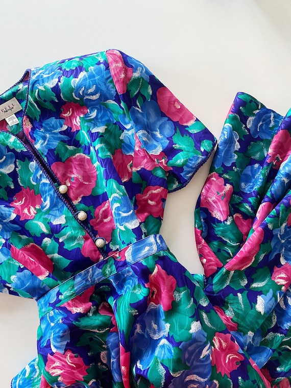 vtg floral blazer + skirt set - bright pink blue 8