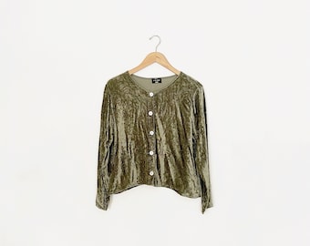 90s crushed velvet crop cardigan jacket -  abalone buttons, sage green tent blouse