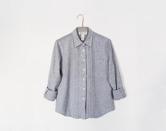 90s navy gray white stripe pleated button up blouse - cute cotton oxford